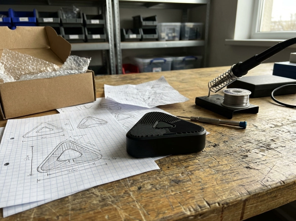 Arbetsbänk med oscilloskop och prototyper av Eoka-clipet i olika versioner