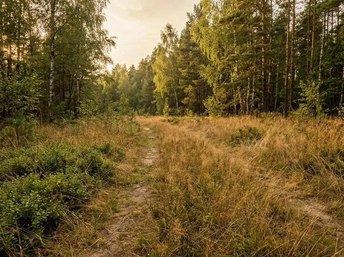 Sti gjennom høyt, tørt gress i kanten av en norsk skog — klassisk flåtterreng