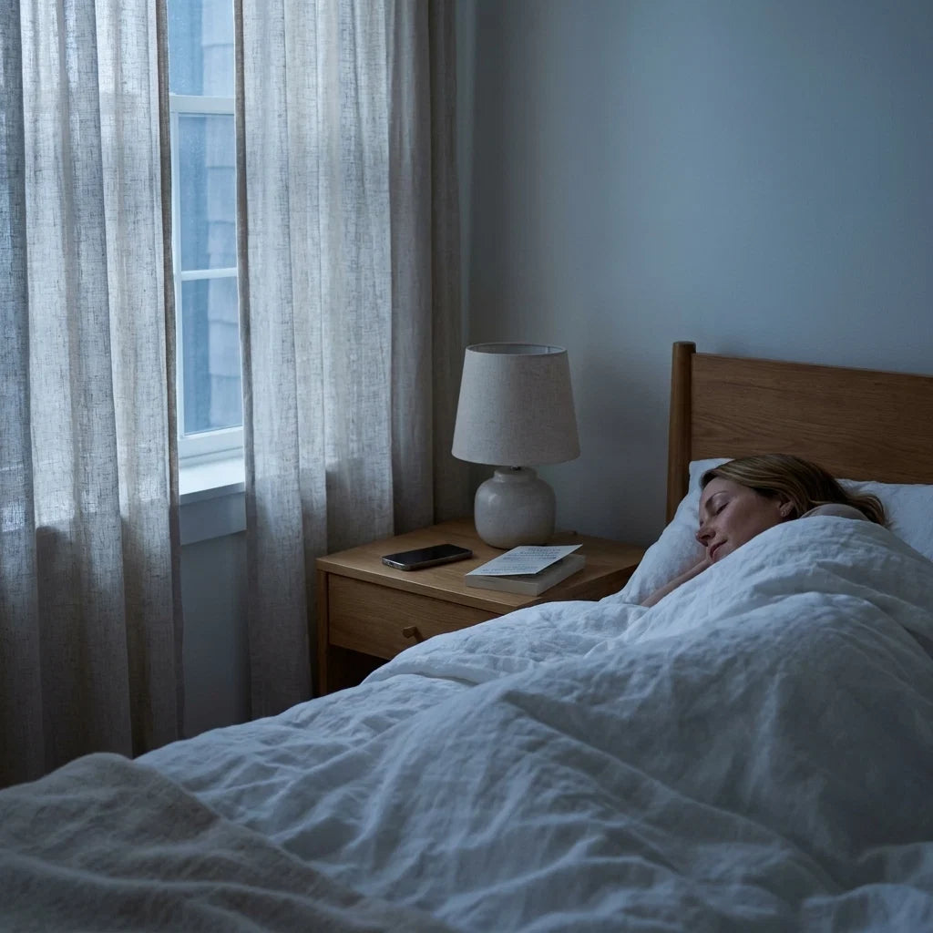 Kvinne som sover rolig i et lyst soverom tidlig om morgenen