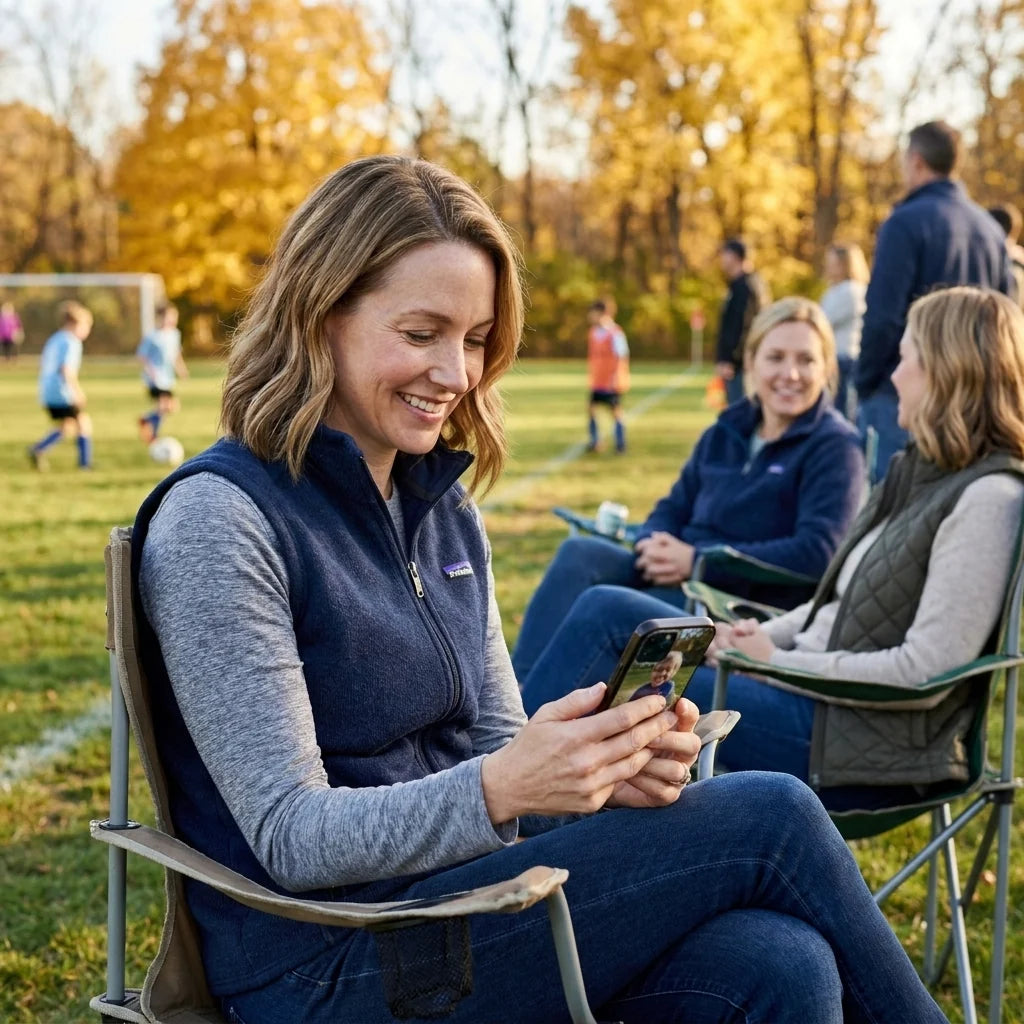 Forelder i campingstol ved en fotballbane som smiler mot mobilen