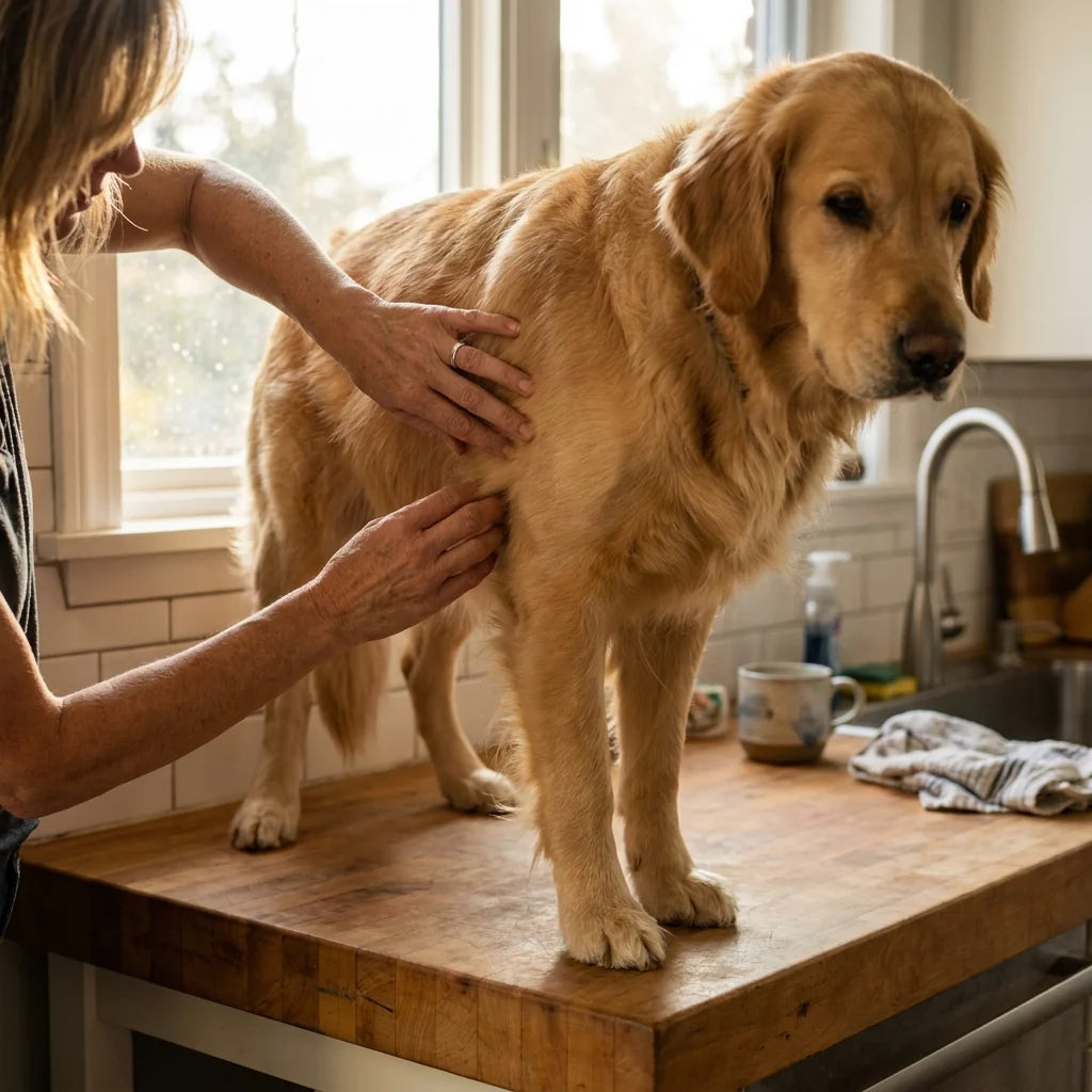 Person som kjenner gjennom pelsen på en golden retriever inne på et kjøkken