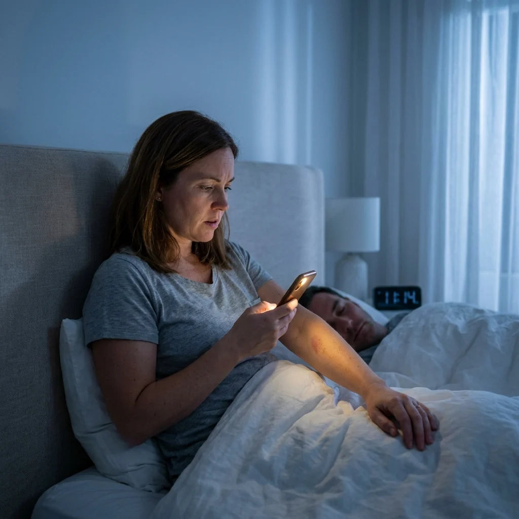 Kvinne som sitter oppe i senga sent på kvelden og lyser med mobilen på en flekk på armen